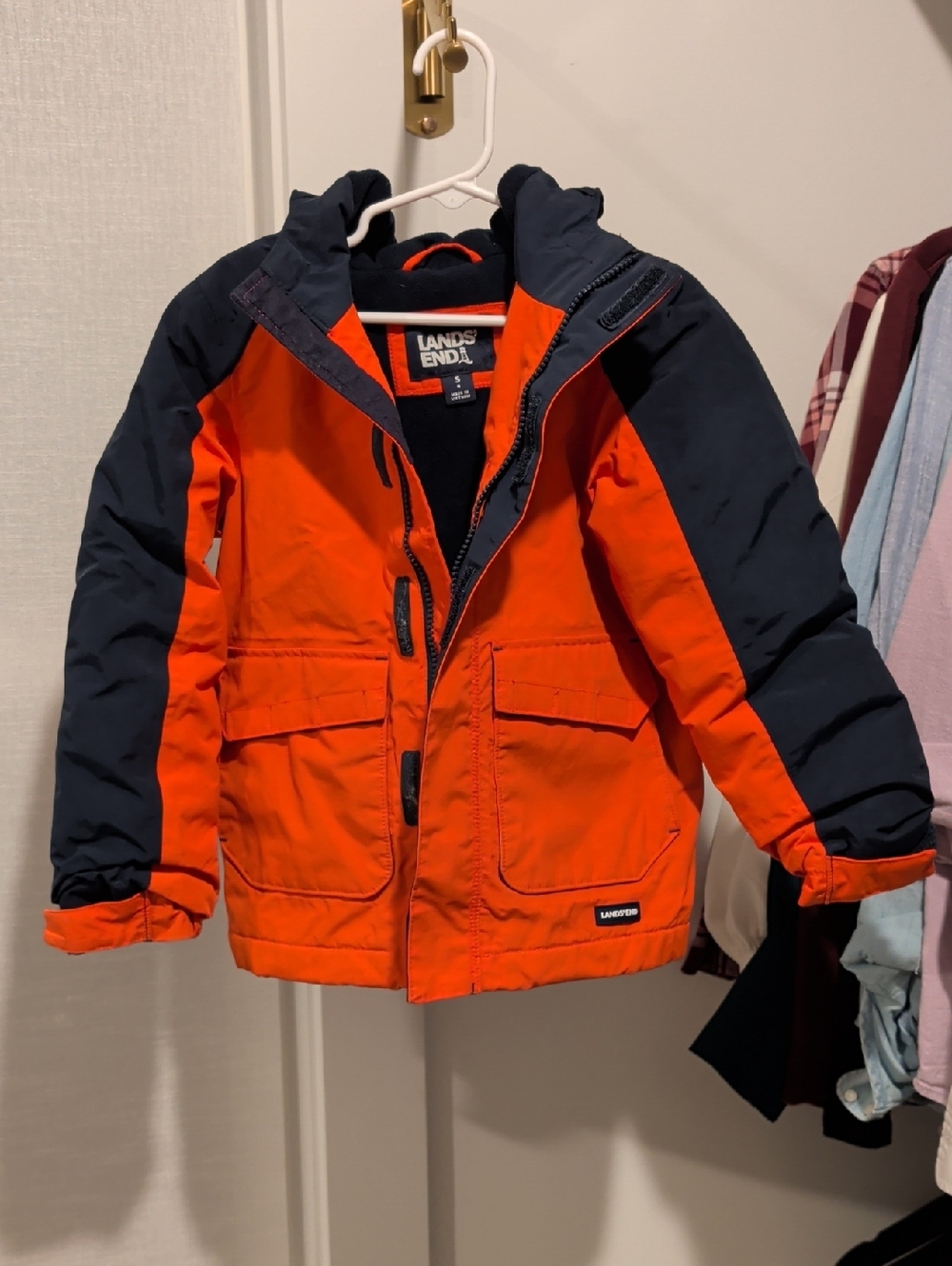 Lands' End Orange and Navy Kids' Insulated Squall Coat